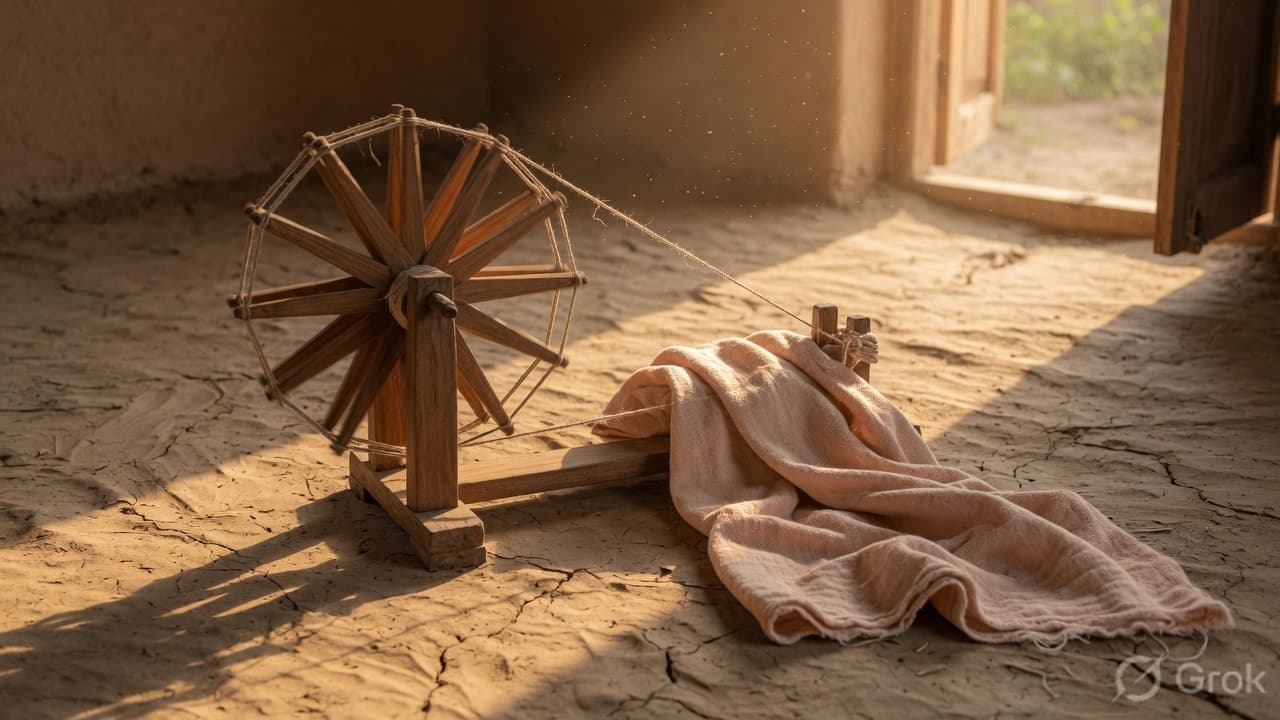 A spinning wheel and khadi cloth in sunlight