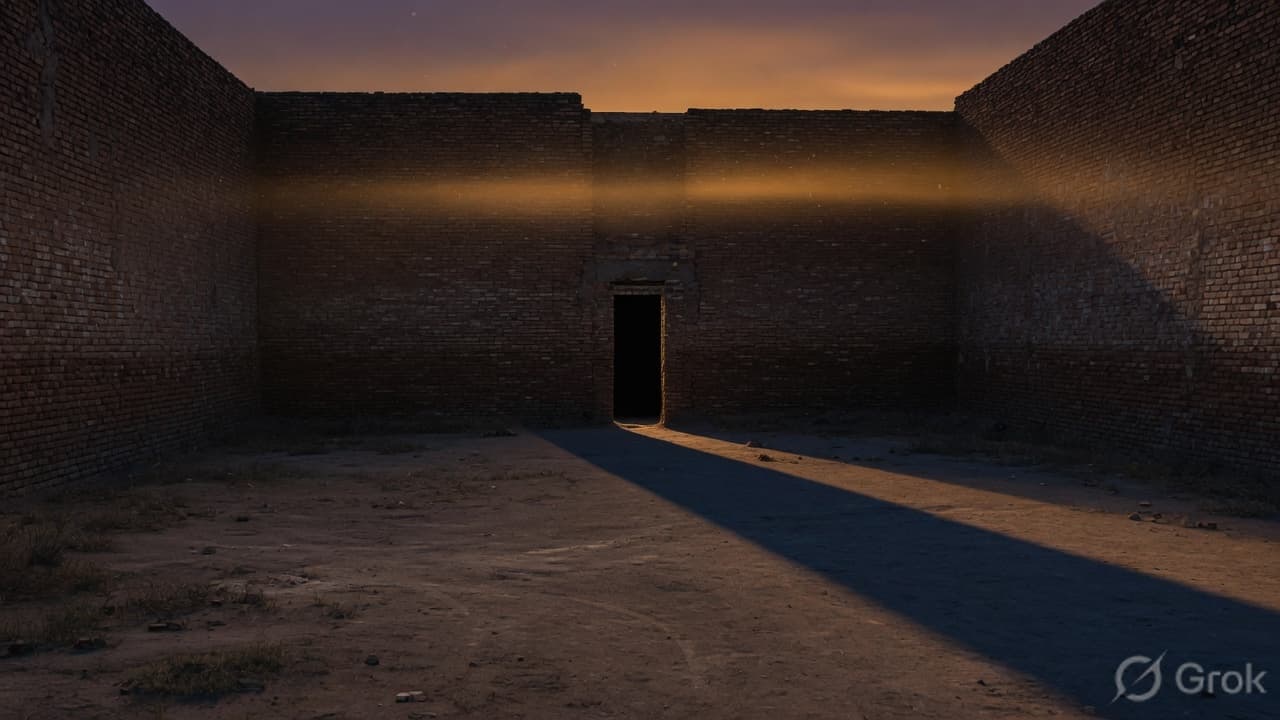 Empty enclosed brick courtyard with a single dark exit
