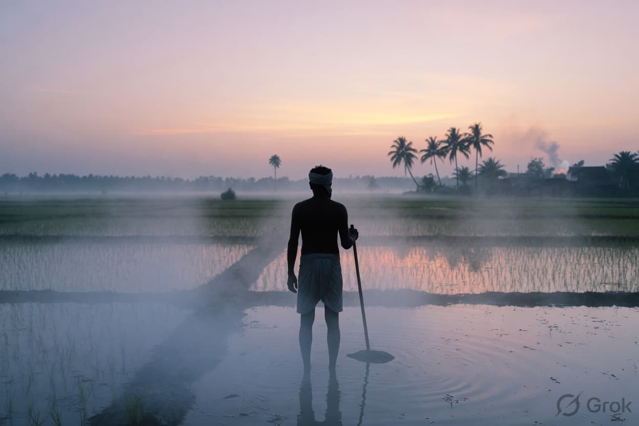 Silhouette of a farmer standing in a paddy field at dawn