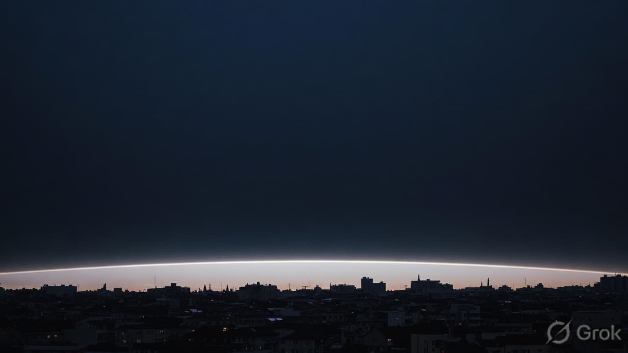 A dark city under a thin band of first light