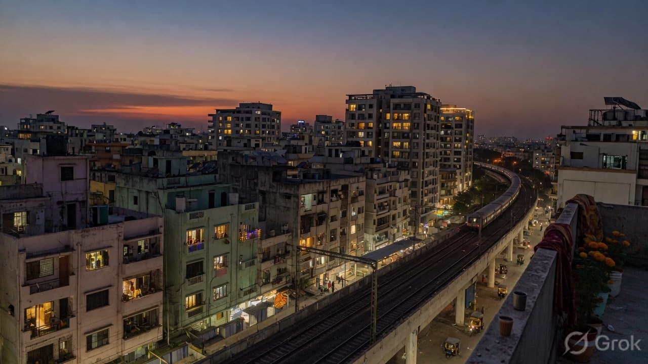 A contemporary Indian city at dusk