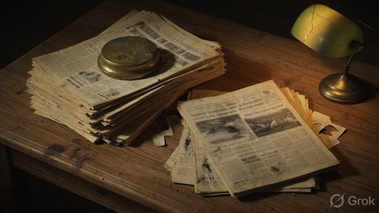 Aged newspapers stacked under a lamp