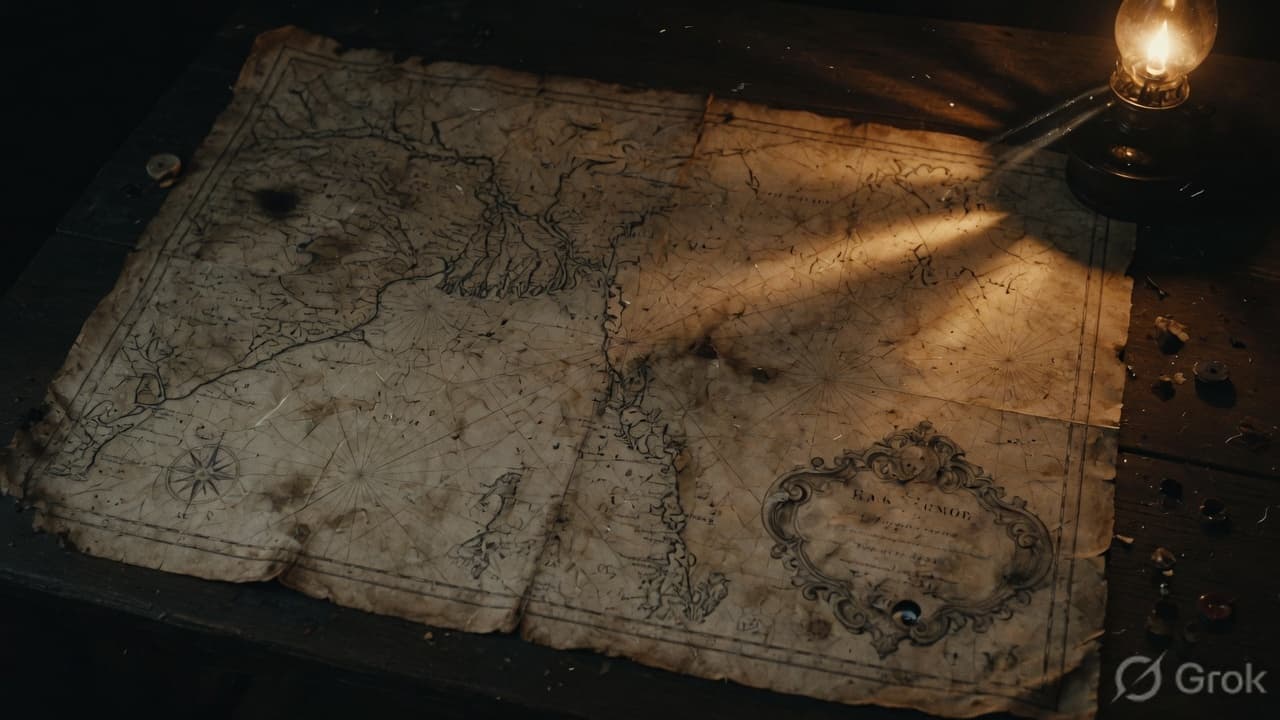 Aged colonial chart under lamplight