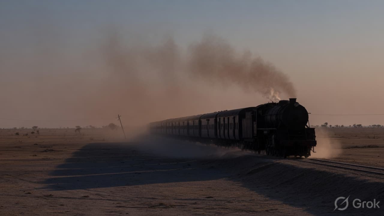 A steam train crossing a dusty plain at dusk