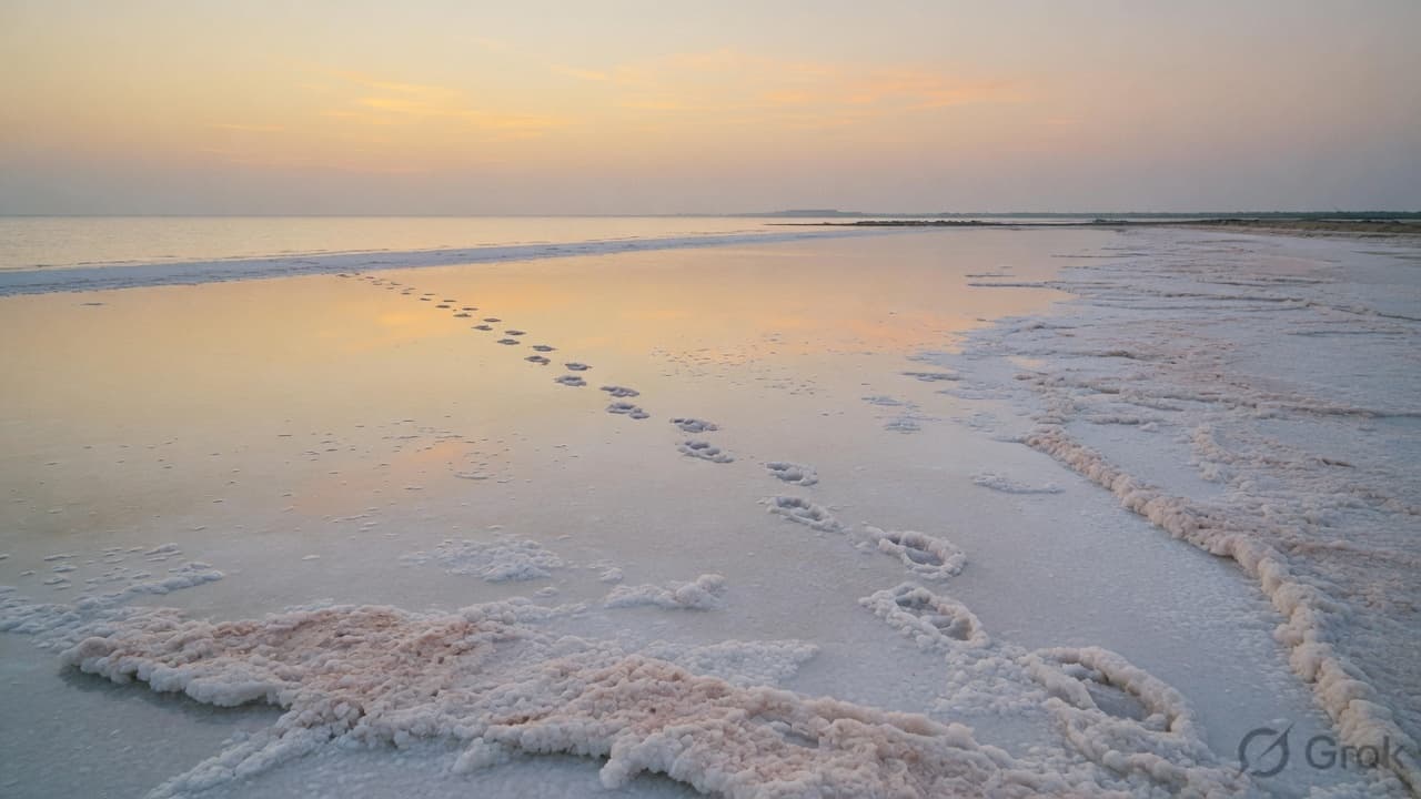 Footprints crossing a salt flat at dawn