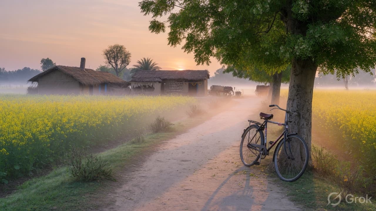 A village path through mustard fields at sunrise, a bicycle against a tree